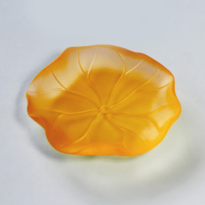 Buddha Stones Année du Cheval Capsule de lotus Feuille de lotus Pièce d'art en cristal Liuli Décoration énergétique pour la maison ou le bureau - Coussin en feuille de lotus orange 7,5 x 1,5 cm - image 14