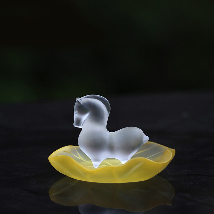 Buddha Stones Année du Cheval Capsule de lotus Feuille de lotus Pièce d'art en cristal Liuli Décoration énergétique pour la maison ou le bureau - Tapis de sol Cheval et feuille de lotus jaune - image 4