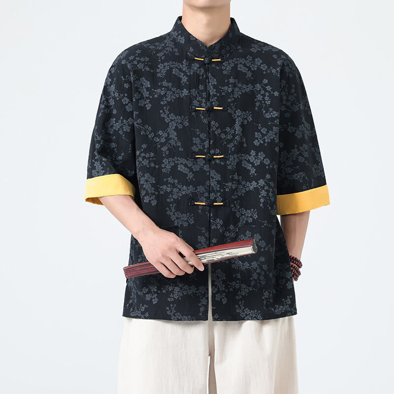 Chemise homme à manches courtes en coton et lin, motif de fleurs de pêcher d'été et Buddha Stones - Noir - US/UK/AU46，EU56 (5XL) - image 0