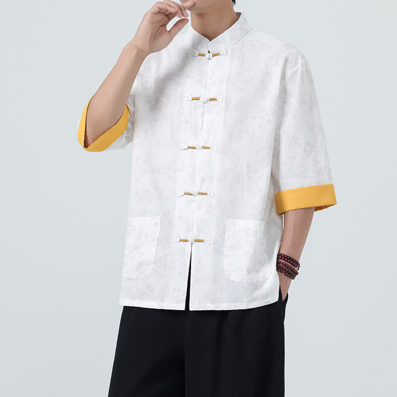 Chemise homme à manches courtes en coton et lin, motif de fleurs de pêcher d'été et Buddha Stones - Blanc - US/UK/AU46，EU56 (5XL) - image 15