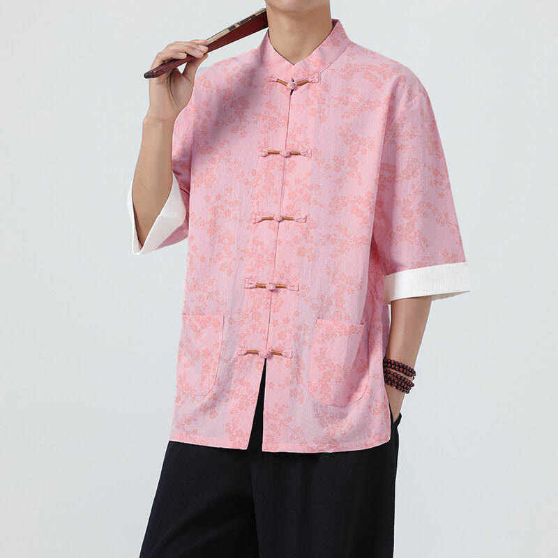 Chemise homme à manches courtes en coton et lin, motif de fleurs de pêcher d'été et Buddha Stones - Rose - US/UK/AU46，EU56 (5XL) - image 12