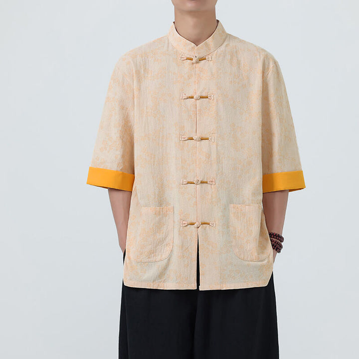 Chemise homme à manches courtes en coton et lin, motif de fleurs de pêcher d'été et Buddha Stones - Bisque - US/UK/AU46，EU56 (5XL) - image 9