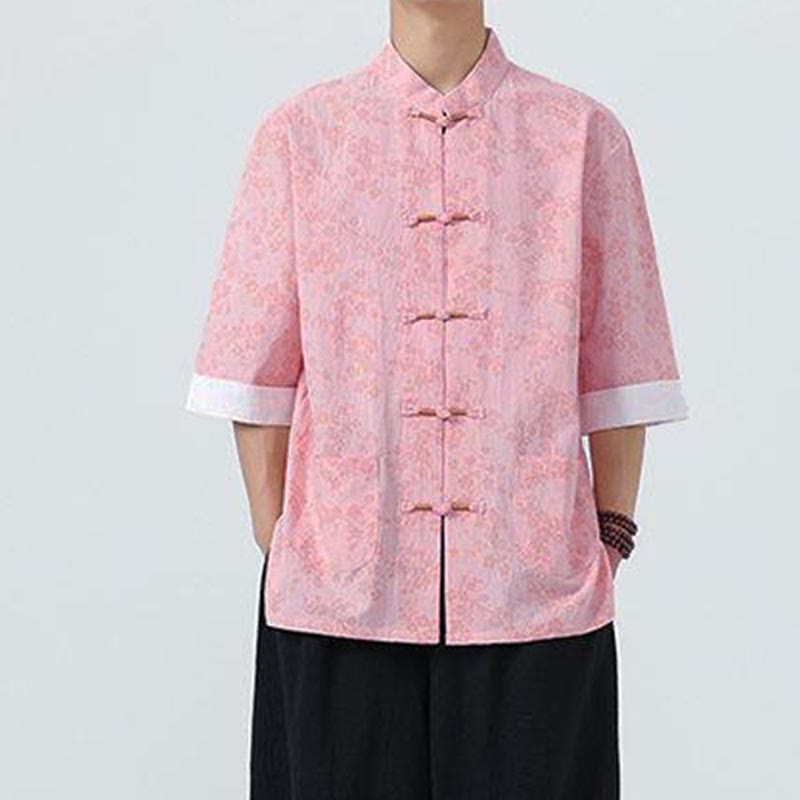 Chemise homme à manches courtes en coton et lin, motif de fleurs de pêcher d'été et Buddha Stones - image 13