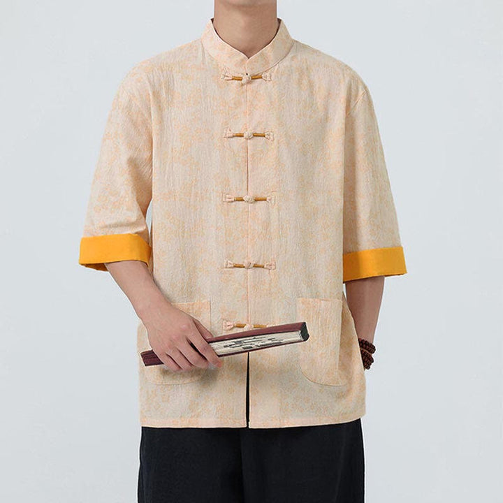 Chemise homme à manches courtes en coton et lin, motif de fleurs de pêcher d'été et Buddha Stones - image 10