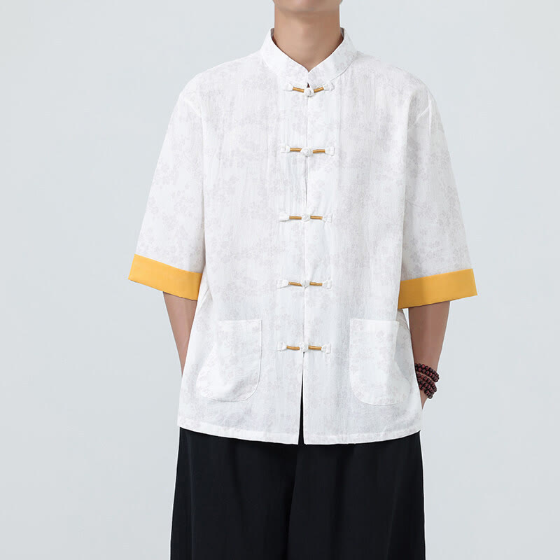 Chemise homme à manches courtes en coton et lin, motif de fleurs de pêcher d'été et Buddha Stones - image 16