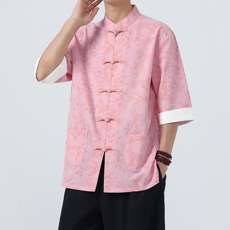Chemise homme à manches courtes en coton et lin, motif de fleurs de pêcher d'été et Buddha Stones - image 14
