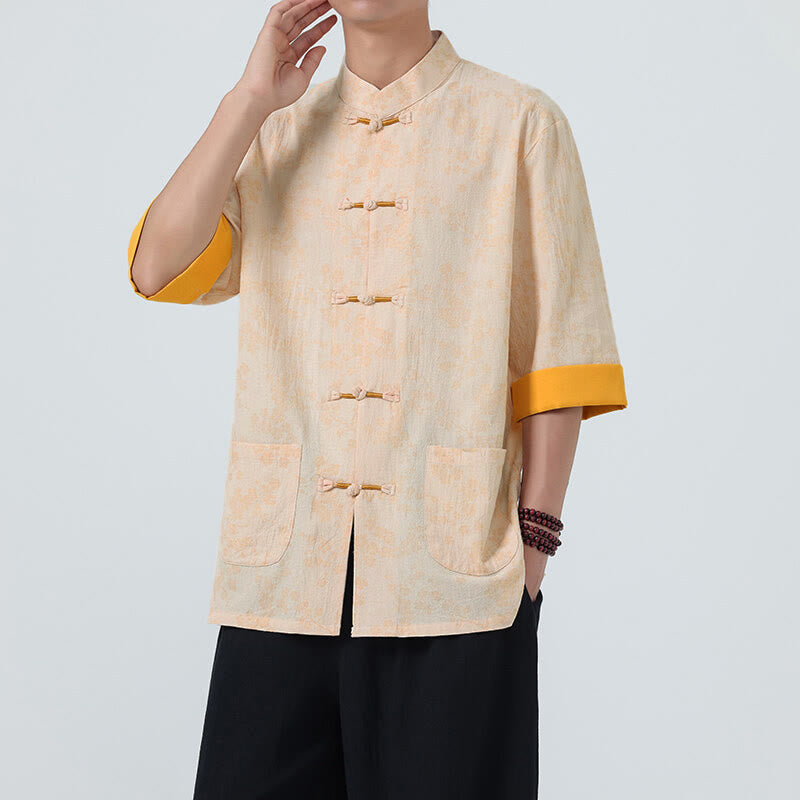 Chemise homme à manches courtes en coton et lin, motif de fleurs de pêcher d'été et Buddha Stones - image 11