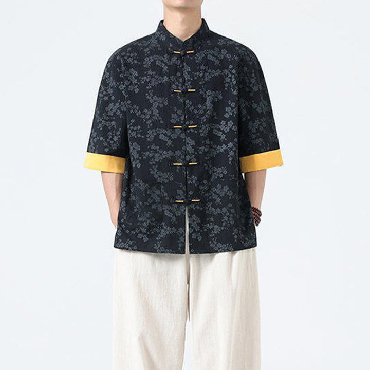 Chemise homme à manches courtes en coton et lin, motif de fleurs de pêcher d'été et Buddha Stones - image 4