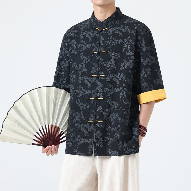 Chemise homme à manches courtes en coton et lin, motif de fleurs de pêcher d'été et Buddha Stones - image 1
