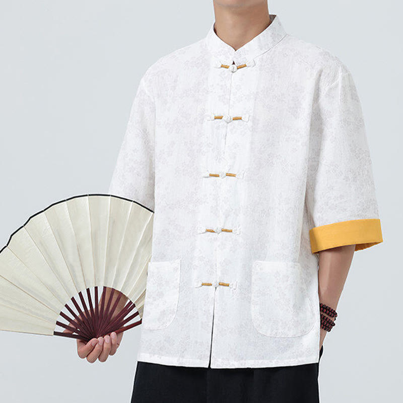 Chemise homme à manches courtes en coton et lin, motif de fleurs de pêcher d'été et Buddha Stones - image 17