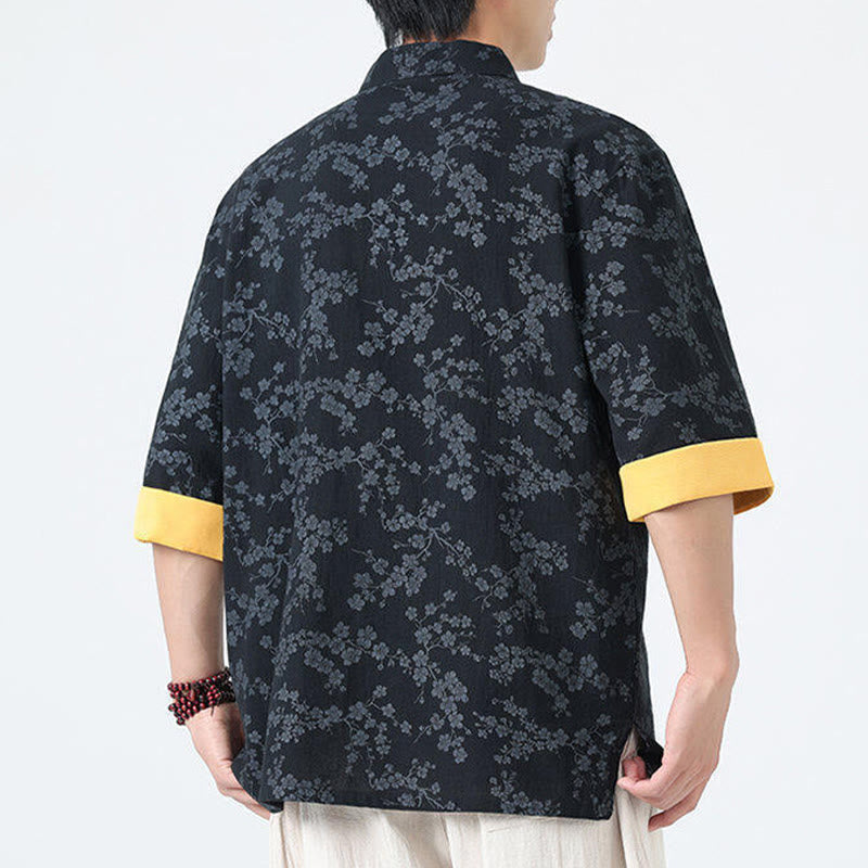 Chemise homme à manches courtes en coton et lin, motif de fleurs de pêcher d'été et Buddha Stones - image 3