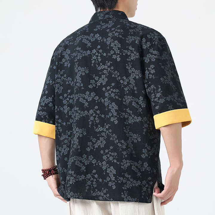 Chemise homme à manches courtes en coton et lin, motif de fleurs de pêcher d'été et Buddha Stones - image 3