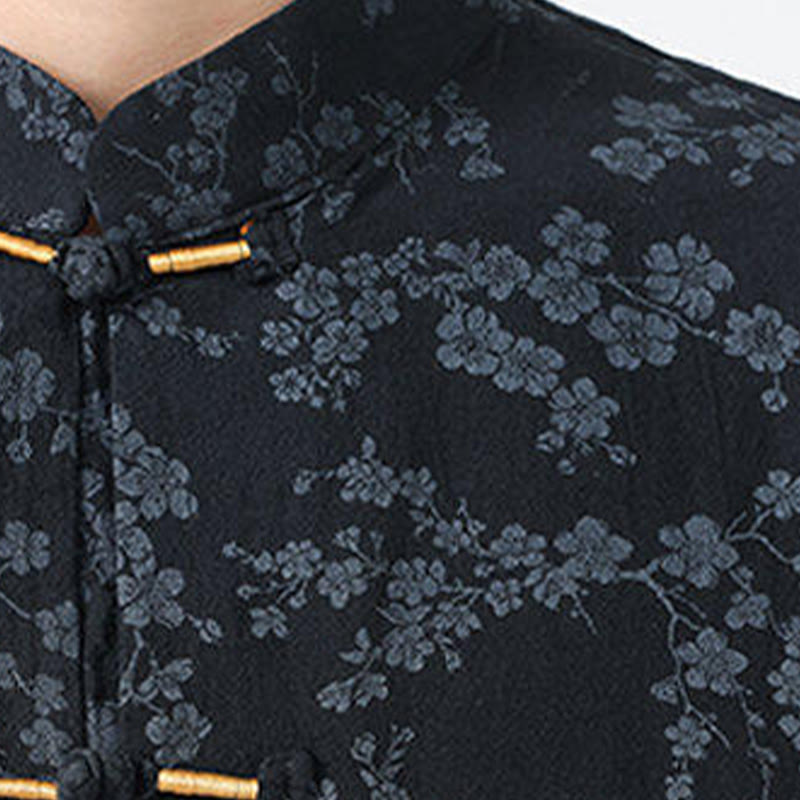 Chemise homme à manches courtes en coton et lin, motif de fleurs de pêcher d'été et Buddha Stones - image 5
