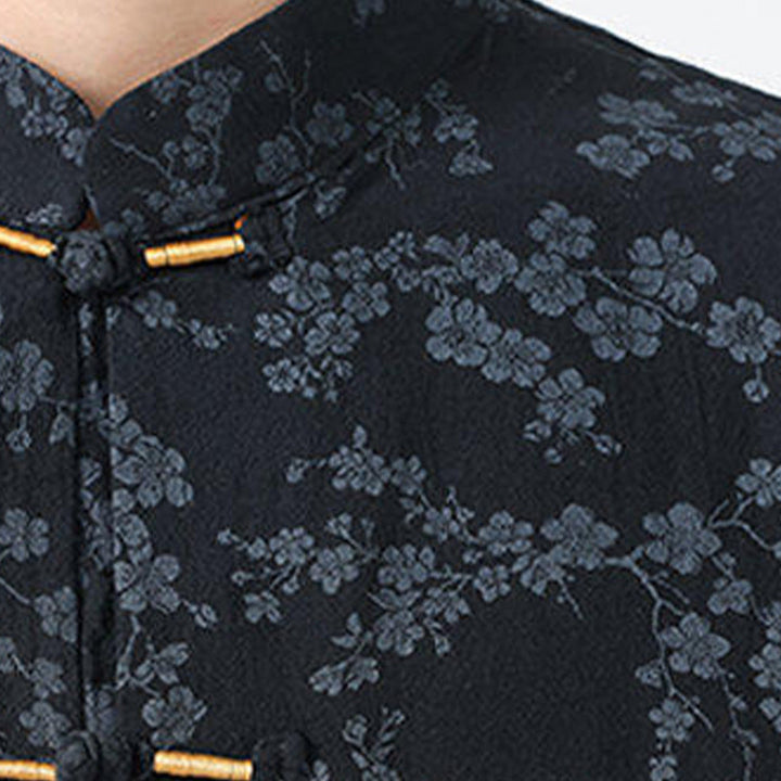 Chemise homme à manches courtes en coton et lin, motif de fleurs de pêcher d'été et Buddha Stones - image 5
