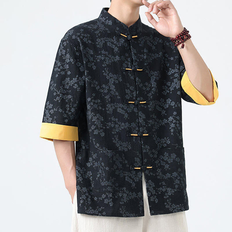 Chemise homme à manches courtes en coton et lin, motif de fleurs de pêcher d'été et Buddha Stones - image 2