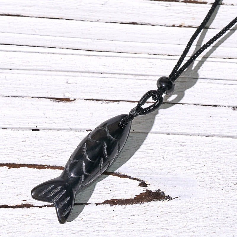 Collier pendentif en Buddha Stones sculptée en forme de carpe koï, cristal rose, agate indienne et améthyste, symbole de chaleur et de prospérité - Obsidienne noire (Dimensions du pendentif : 15 x 40 mm) - image 63