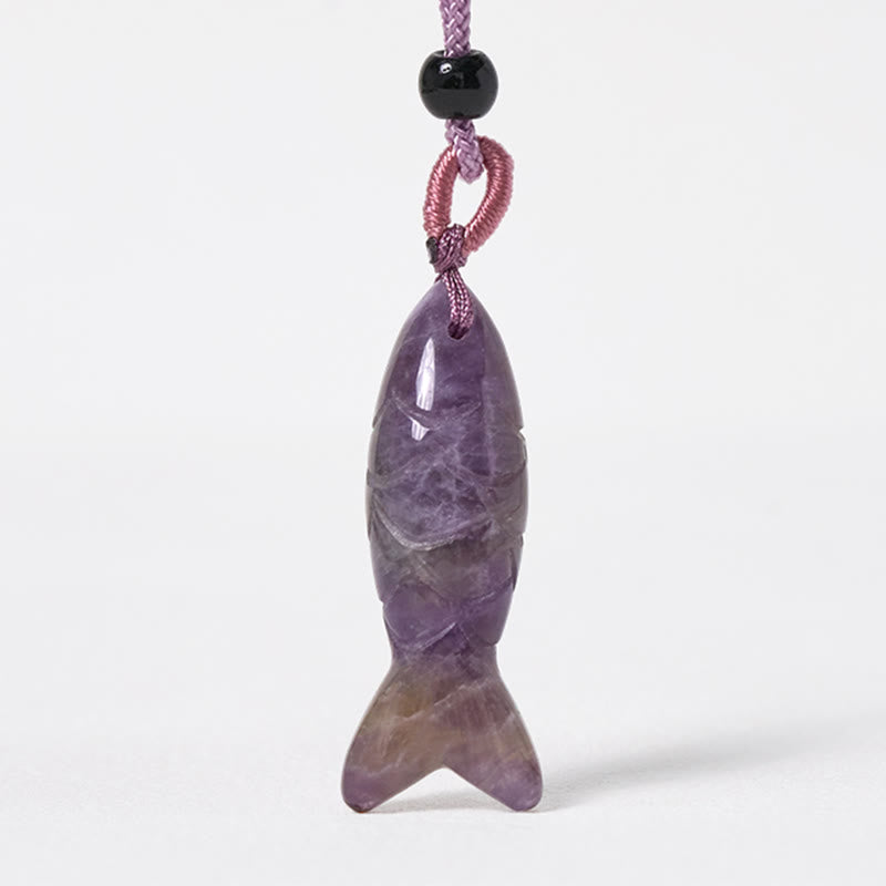 Collier pendentif en Buddha Stones sculptée en forme de carpe koï, cristal rose, agate indienne et améthyste, symbole de chaleur et de prospérité - image 13