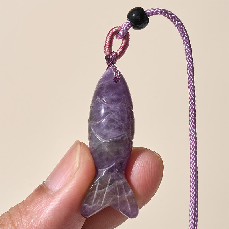 Collier pendentif en Buddha Stones sculptée en forme de carpe koï, cristal rose, agate indienne et améthyste, symbole de chaleur et de prospérité - image 14