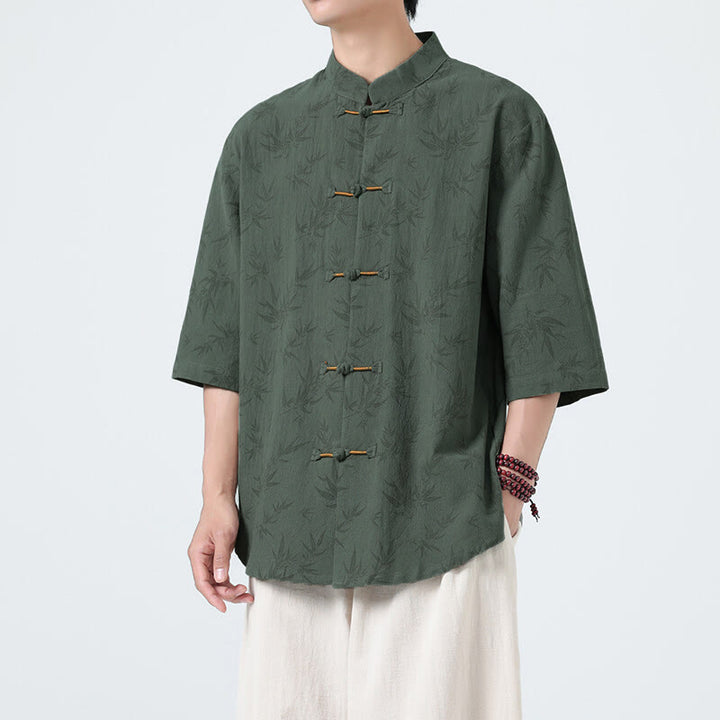 Chemise homme à manches courtes en coton et lin, motif feuilles de bambou et Buddha Stones, style chinois, avec boutons grenouille. - Vert d'eau - US/UK/AU46，EU56 (5XL) - image 7