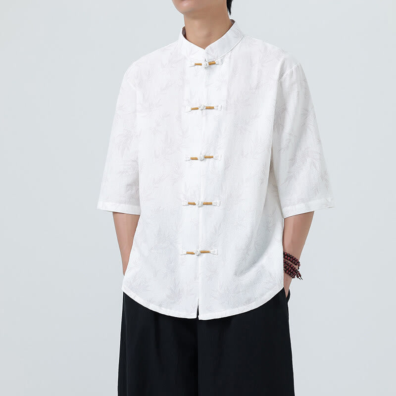 Chemise homme à manches courtes en coton et lin, motif feuilles de bambou et Buddha Stones, style chinois, avec boutons grenouille. - Blanc - US/UK/AU46，EU56 (5XL) - image 15