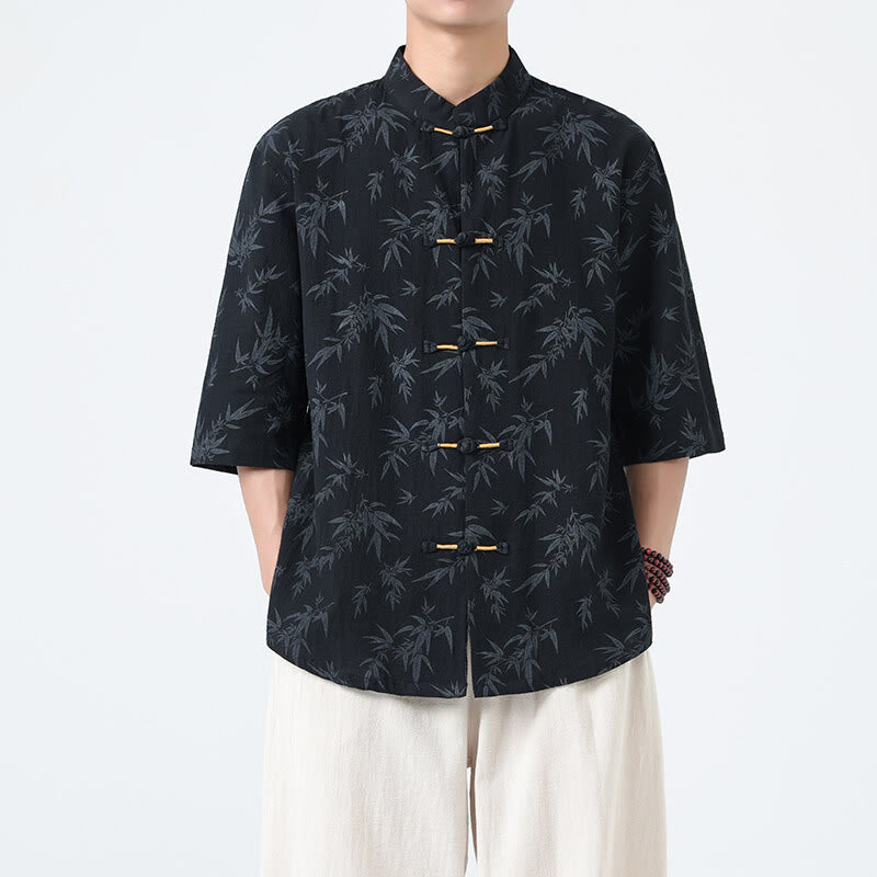 Chemise homme à manches courtes en coton et lin, motif feuilles de bambou et Buddha Stones, style chinois, avec boutons grenouille. - Noir - US/UK/AU46，EU56 (5XL) - image 0