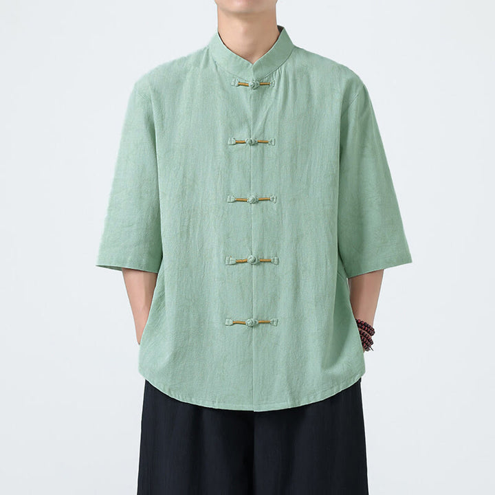 Chemise homme à manches courtes en coton et lin, motif feuilles de bambou et Buddha Stones, style chinois, avec boutons grenouille. - Bleu vert - US/UK/AU46，EU56 (5XL) - image 11