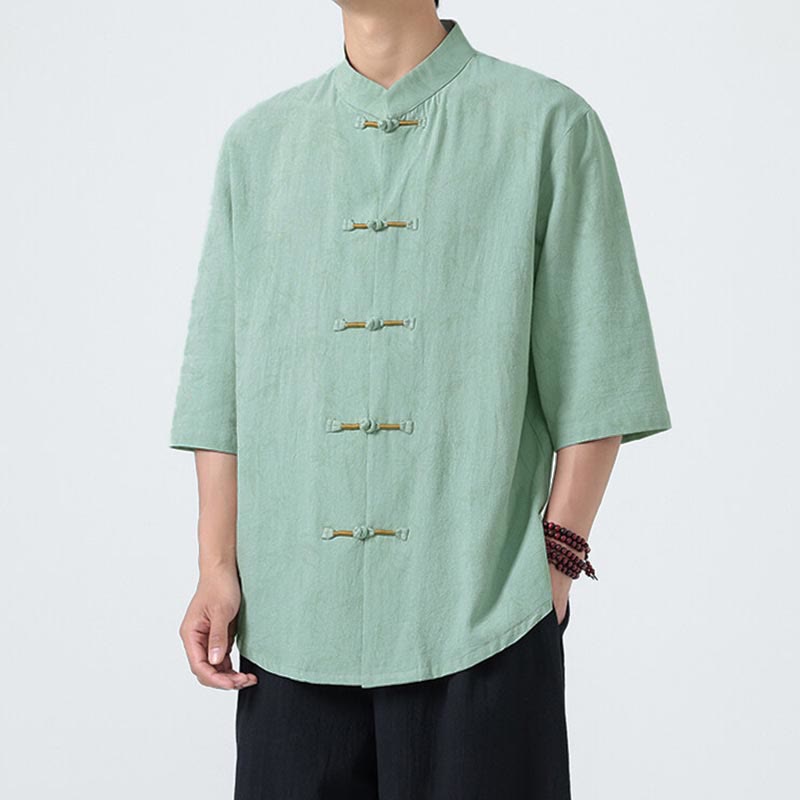 Chemise homme à manches courtes en coton et lin, motif feuilles de bambou et Buddha Stones, style chinois, avec boutons grenouille. - image 14