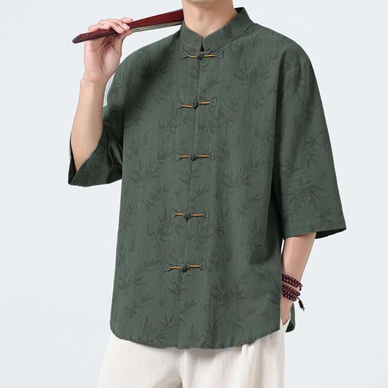 Chemise homme à manches courtes en coton et lin, motif feuilles de bambou et Buddha Stones, style chinois, avec boutons grenouille. - image 10