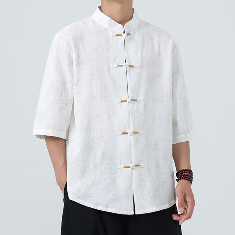 Chemise homme à manches courtes en coton et lin, motif feuilles de bambou et Buddha Stones, style chinois, avec boutons grenouille. - image 16