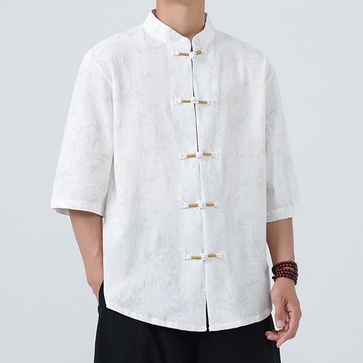 Chemise homme à manches courtes en coton et lin, motif feuilles de bambou et Buddha Stones, style chinois, avec boutons grenouille. - image 16