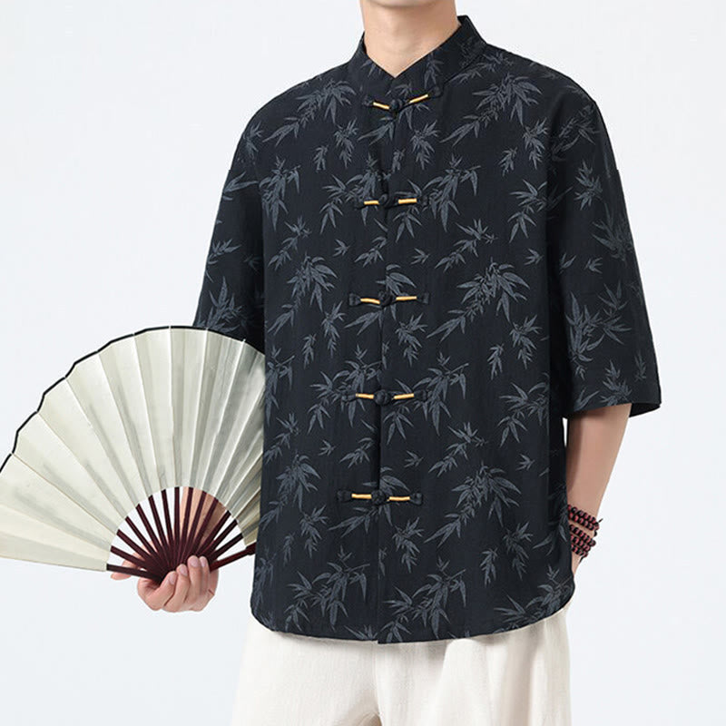 Chemise homme à manches courtes en coton et lin, motif feuilles de bambou et Buddha Stones, style chinois, avec boutons grenouille. - image 1