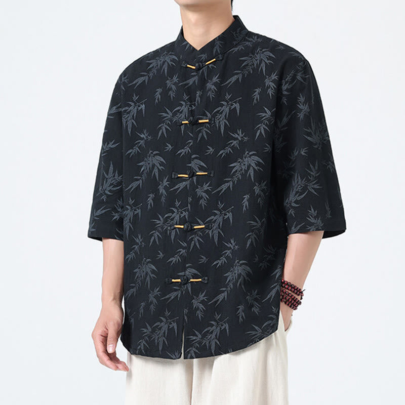 Chemise homme à manches courtes en coton et lin, motif feuilles de bambou et Buddha Stones, style chinois, avec boutons grenouille. - image 2
