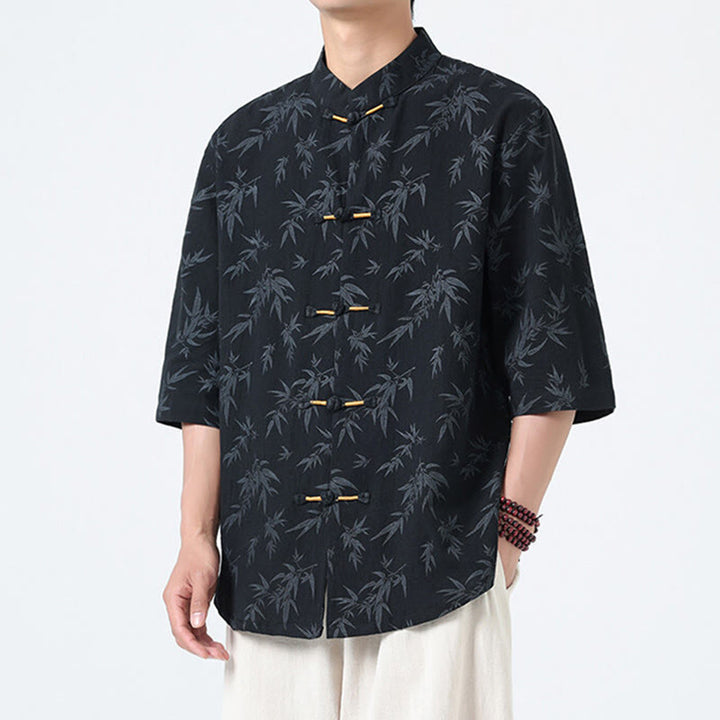 Chemise homme à manches courtes en coton et lin, motif feuilles de bambou et Buddha Stones, style chinois, avec boutons grenouille. - image 2