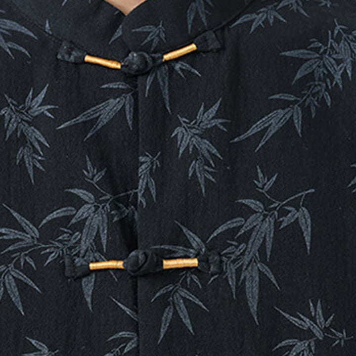 Chemise homme à manches courtes en coton et lin, motif feuilles de bambou et Buddha Stones, style chinois, avec boutons grenouille. - image 4