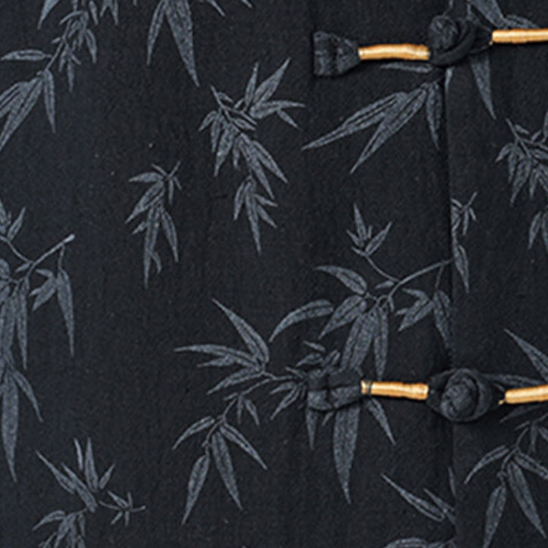 Chemise homme à manches courtes en coton et lin, motif feuilles de bambou et Buddha Stones, style chinois, avec boutons grenouille. - image 3