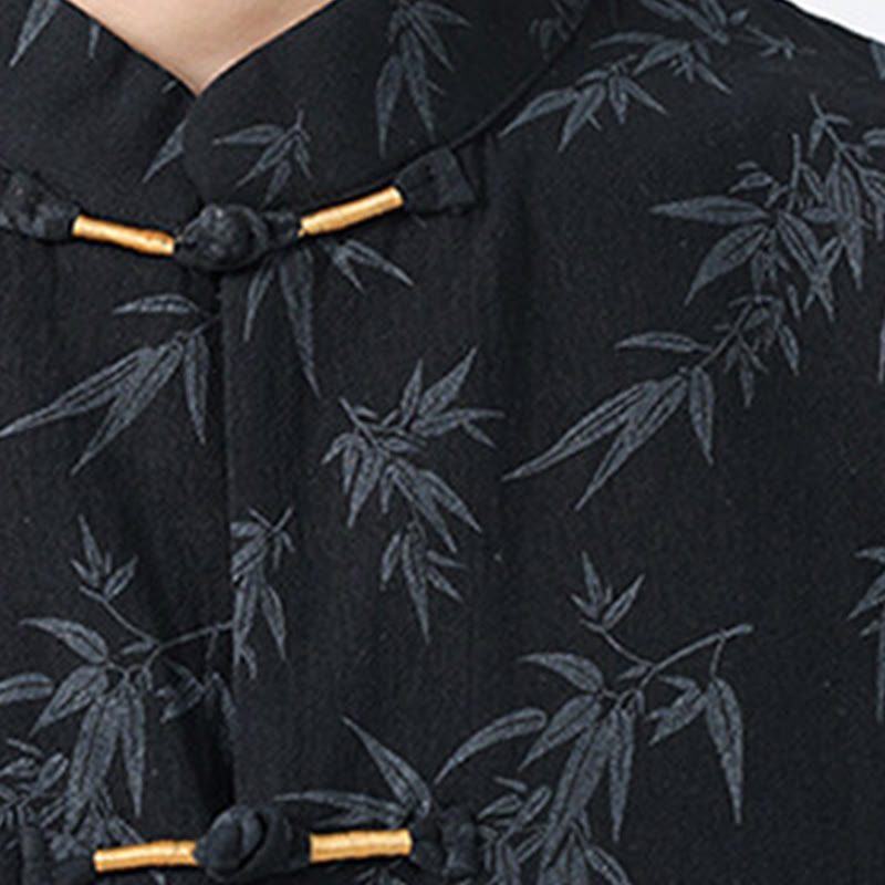 Chemise homme à manches courtes en coton et lin, motif feuilles de bambou et Buddha Stones, style chinois, avec boutons grenouille. - image 5