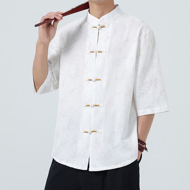 Chemise homme à manches courtes en coton et lin, motif feuilles de bambou et Buddha Stones, style chinois, avec boutons grenouille. - image 17