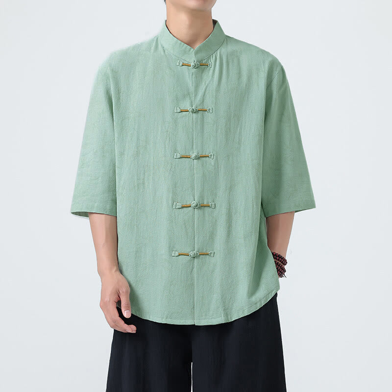 Chemise homme à manches courtes en coton et lin, motif feuilles de bambou et Buddha Stones, style chinois, avec boutons grenouille. - image 12