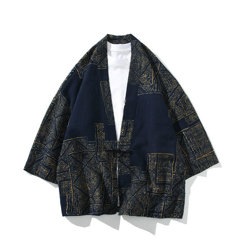 Kimono homme en coton à manches courtes et ouverture sur le devant, orné de Buddha Stones, de rayures florales géométriques et de papillons. - Carré bleu - US/UK/AU46，EU56 (5XL) - image 0