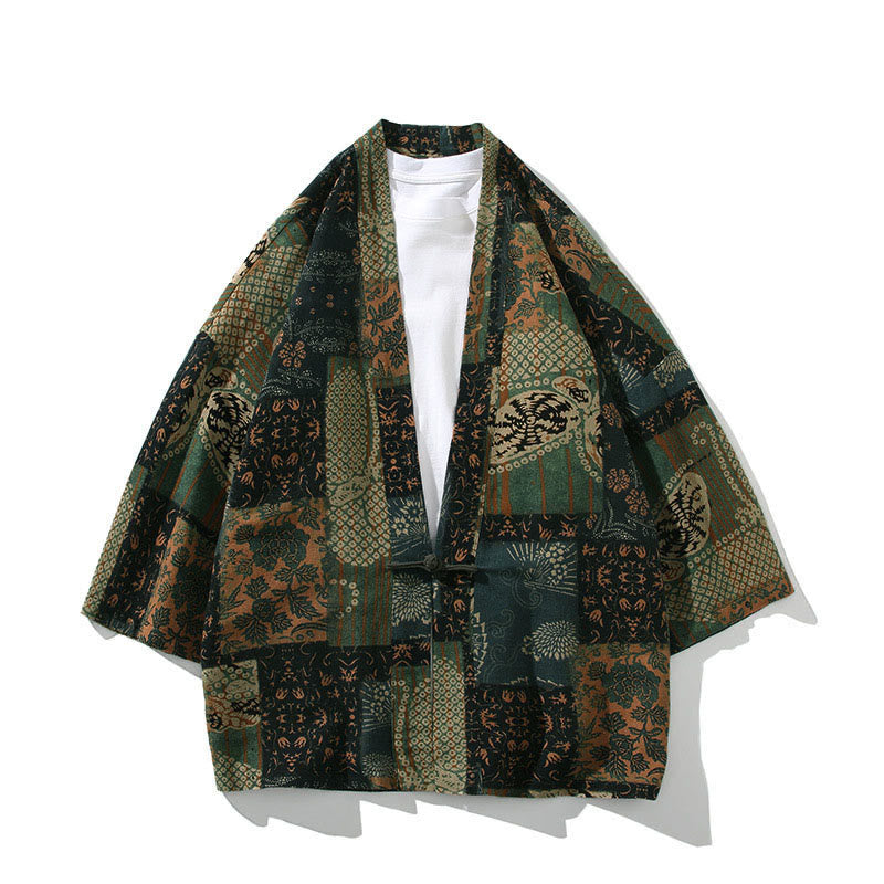 Kimono homme en coton à manches courtes et ouverture sur le devant, orné de Buddha Stones, de rayures florales géométriques et de papillons. - Vert floral - US/UK/AU46，EU56 (5XL) - image 11