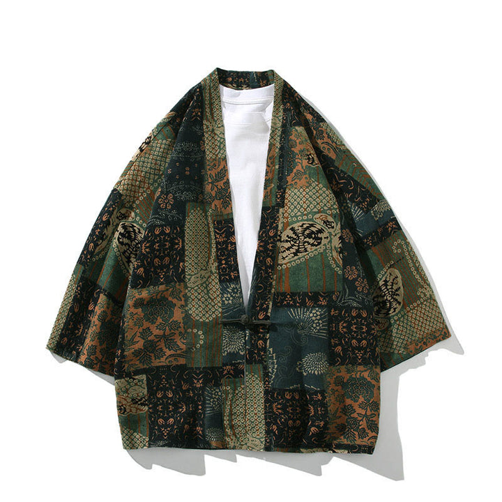 Kimono homme en coton à manches courtes et ouverture sur le devant, orné de Buddha Stones, de rayures florales géométriques et de papillons. - Vert floral - US/UK/AU46，EU56 (5XL) - image 11