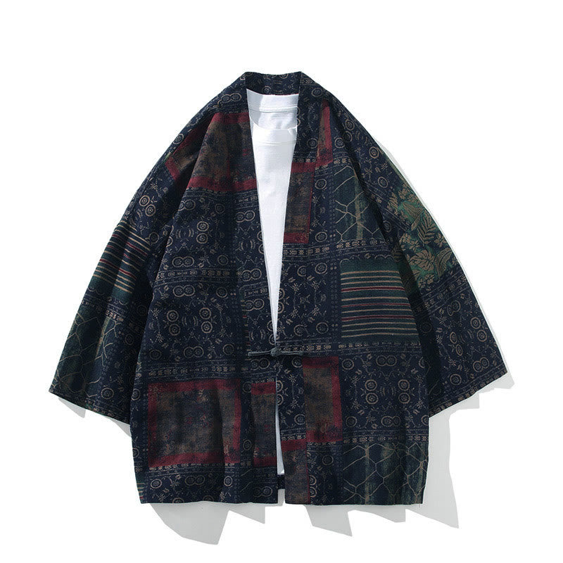 Kimono homme en coton à manches courtes et ouverture sur le devant, orné de Buddha Stones, de rayures florales géométriques et de papillons. - Rayures bleu acier - US/UK/AU46，EU56 (5XL) - image 12