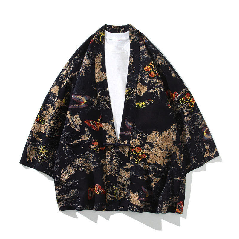Kimono homme en coton à manches courtes et ouverture sur le devant, orné de Buddha Stones, de rayures florales géométriques et de papillons. - Papillon Noir - US/UK/AU46，EU56 (5XL) - image 13