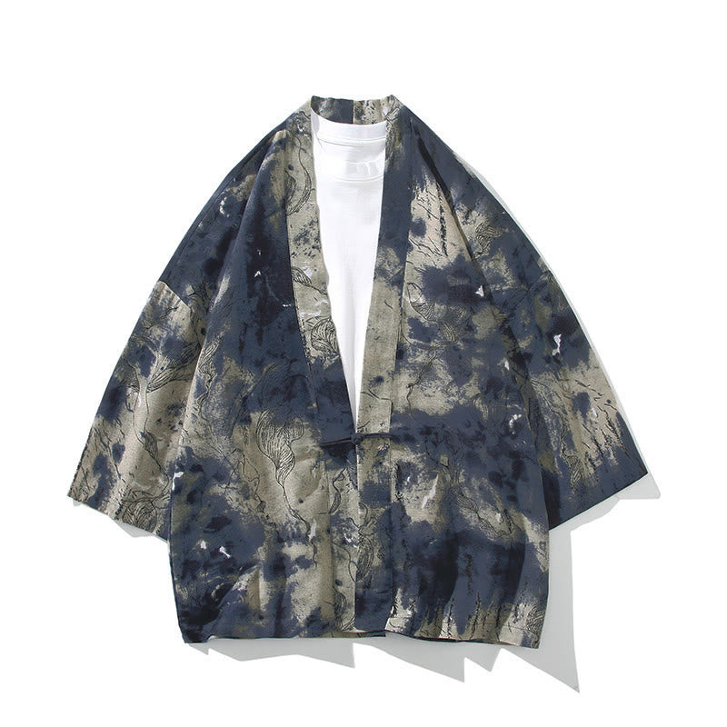 Kimono homme en coton à manches courtes et ouverture sur le devant, orné de Buddha Stones, de rayures florales géométriques et de papillons. - Bleu encre beige - US/UK/AU46，EU56 (5XL) - image 14