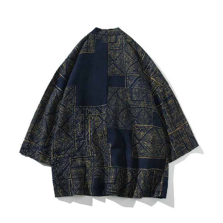 Kimono homme en coton à manches courtes et ouverture sur le devant, orné de Buddha Stones, de rayures florales géométriques et de papillons. - image 1