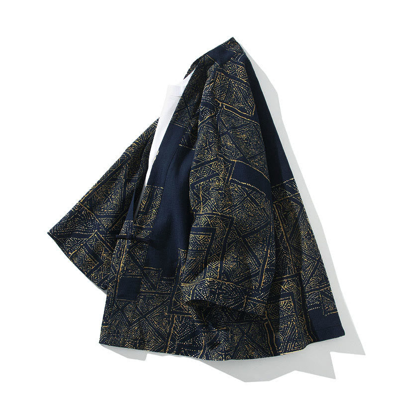Kimono homme en coton à manches courtes et ouverture sur le devant, orné de Buddha Stones, de rayures florales géométriques et de papillons. - image 2