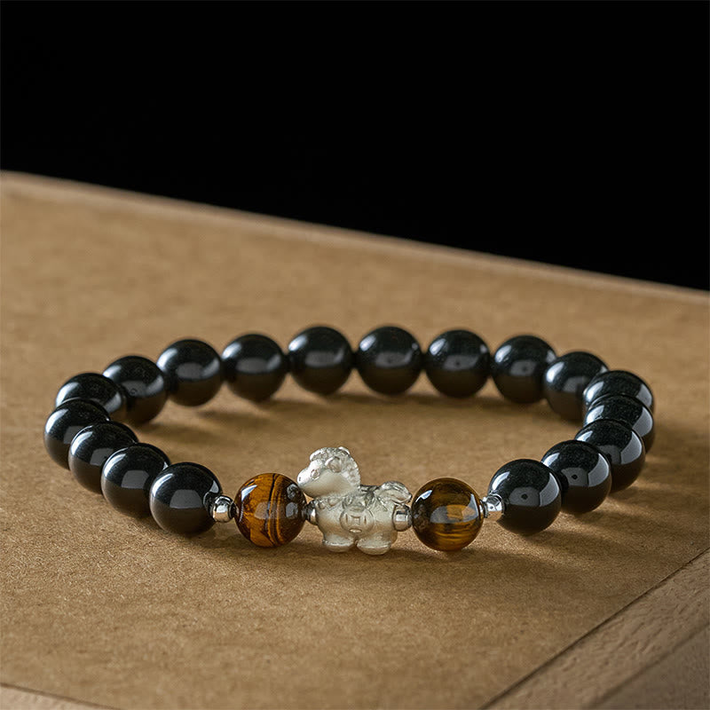 Bracelet de force en argent sterling 999 avec breloque cheval en obsidienne noire et œil de tigre , Buddha Stones , année du Cheval - image 1
