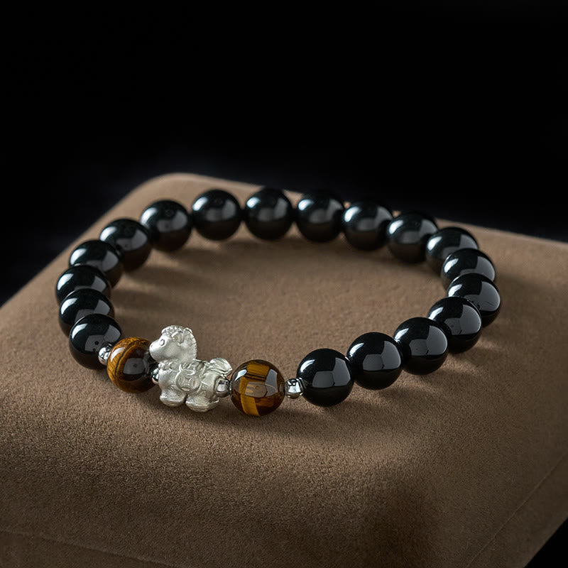 Bracelet de force en argent sterling 999 avec breloque cheval en obsidienne noire et œil de tigre , Buddha Stones , année du Cheval - 10 mm - image 0