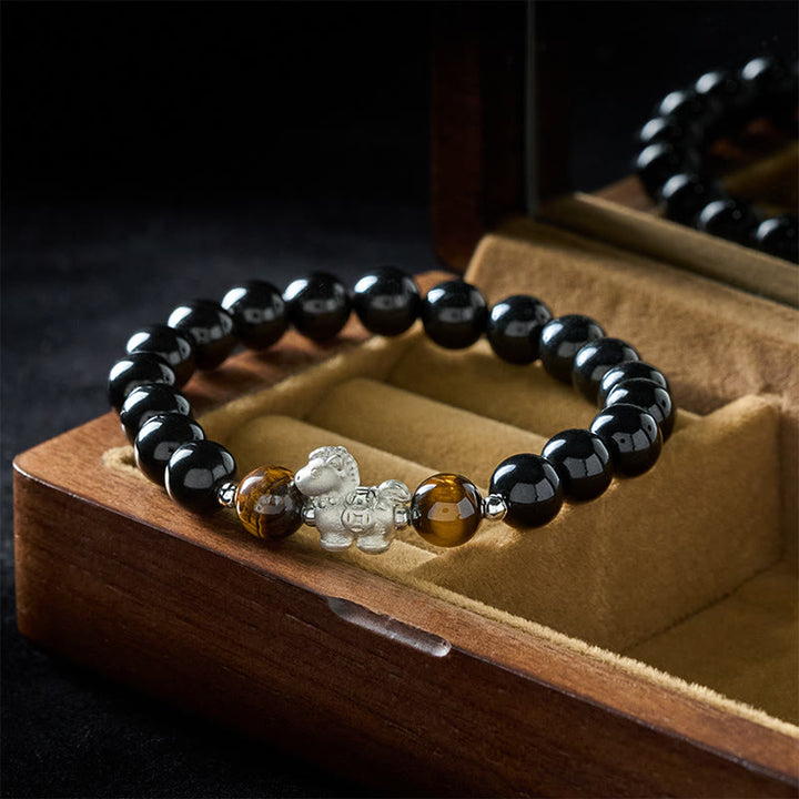 Bracelet de force en argent sterling 999 avec breloque cheval en obsidienne noire et œil de tigre , Buddha Stones , année du Cheval - image 2