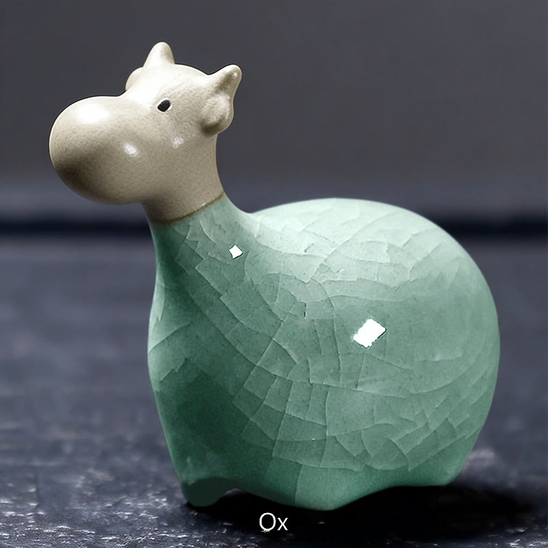 Buddha Stones Zodiaque chinois Thé en céramique pour animaux de compagnie Décoration de la maison - Bœuf kaki 6,5*6 cm - image 3